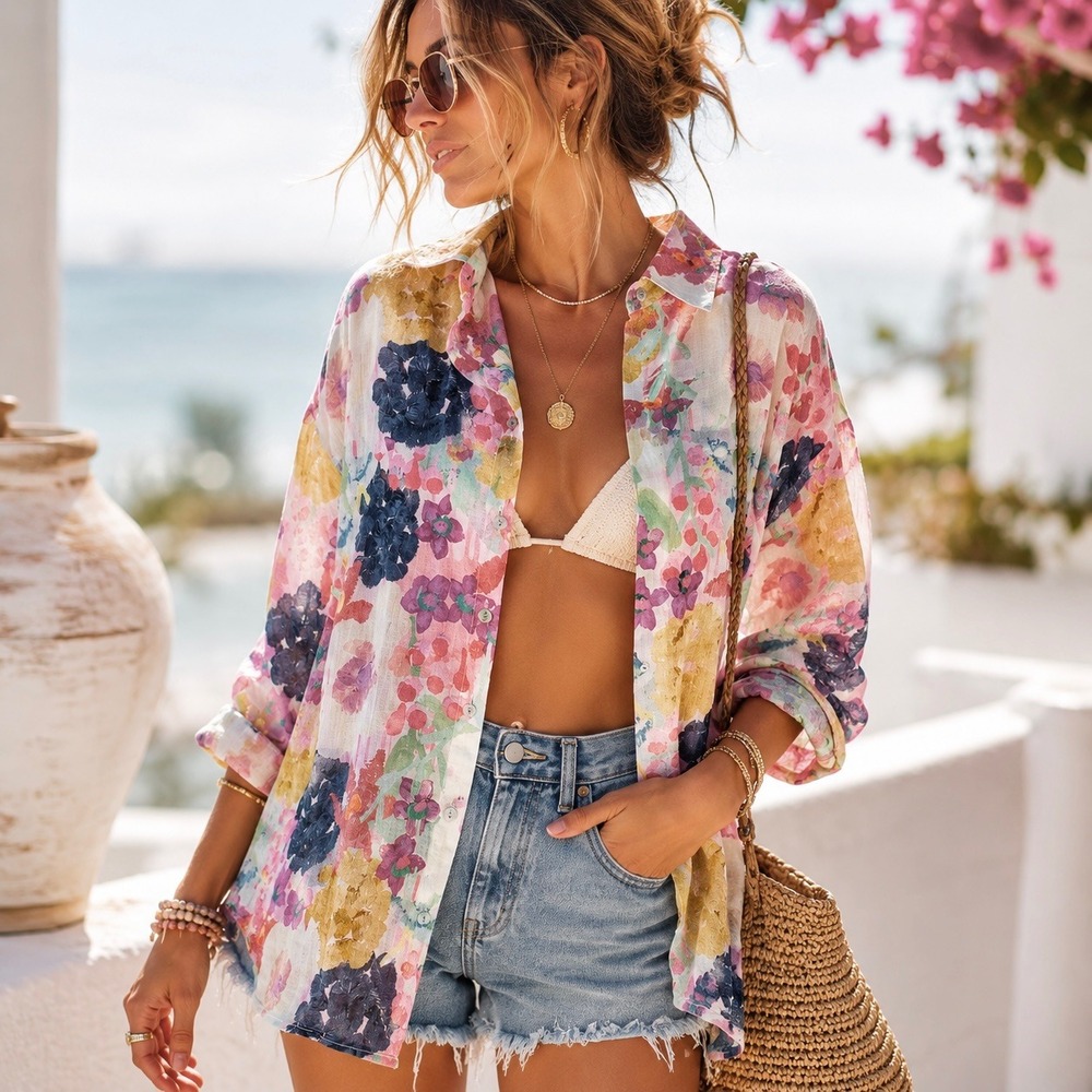 Boho 100% Linen Floral Button Down Shirt M Watercolor Cottagecore Coastal
